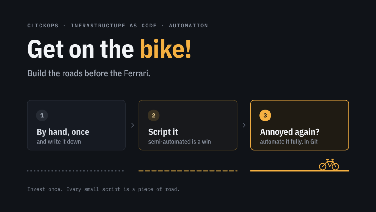 Get on the bike! Build the roads before the Ferrari. Three steps: by hand once and write it down, script it (semi-automated is a win), annoyed again? Automate it fully, in Git. Invest once. Every small script is a piece of road.
