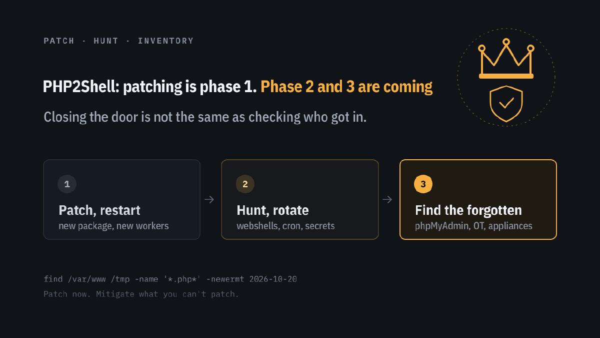 PHP2Shell: patching is phase 1. Phase 2 and 3 are coming. Closing the door is not the same as checking who got in. Step 1: patch and restart, a new package needs new workers. Step 2: hunt and rotate, look for webshells and cron jobs and rotate the secrets. Step 3: find the forgotten PHP, phpMyAdmin, OT and appliances. Footer: find /var/www /tmp -name '*.php*' -newermt 2026-10-20. Patch now. Mitigate what you can't patch.